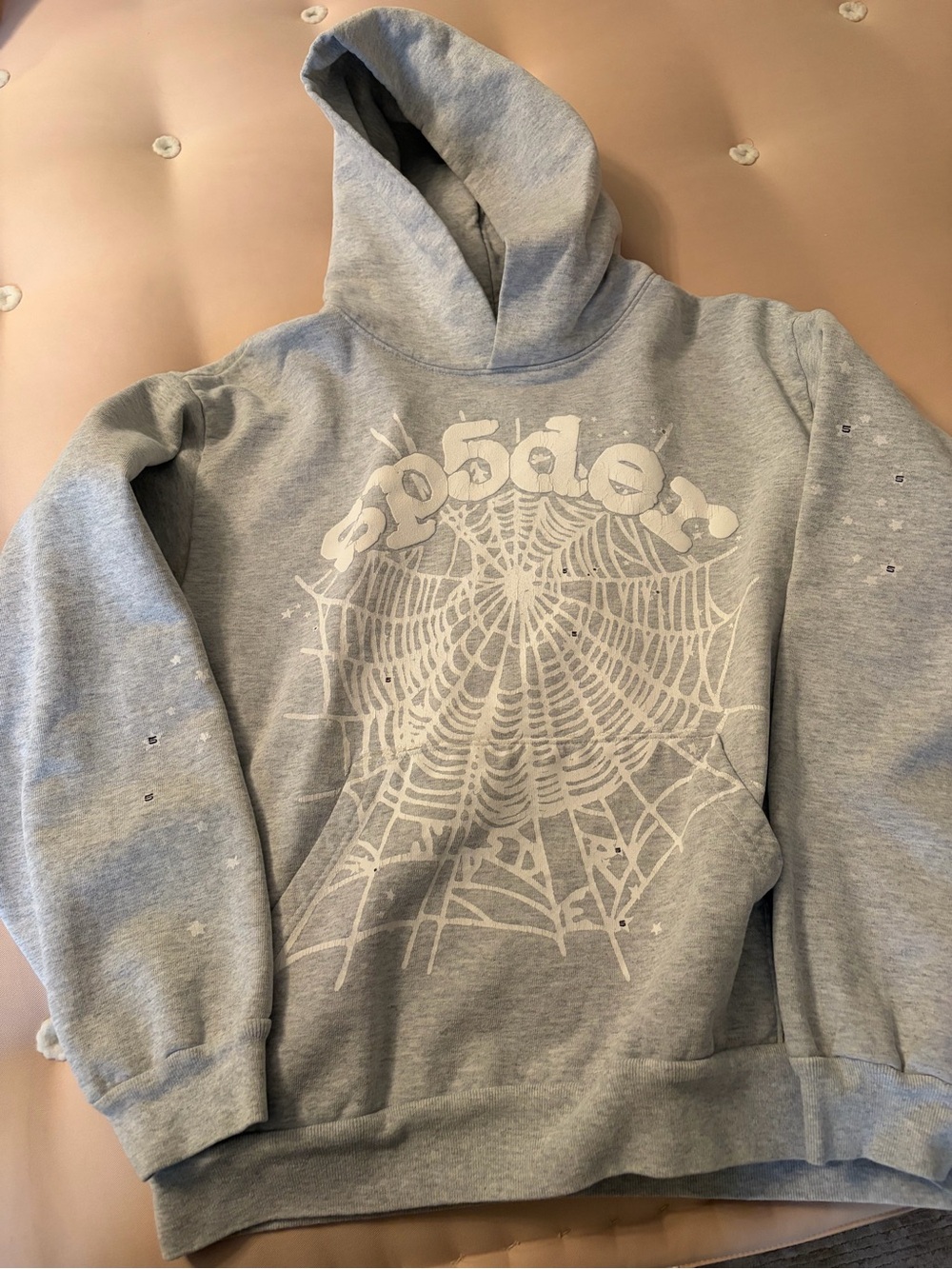 Sp5der Light Gray Graphic Pullover Hoodie